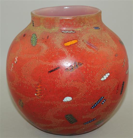 A rare and early Monart red and millefiori glass vase, c.1924, 24cm
